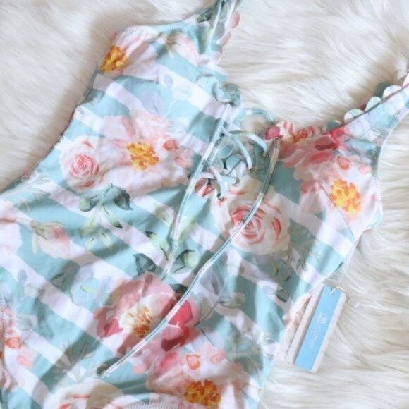 NWT Green Floral One Piece Swimsuit Size XS Bathing Suit White Pink - Picture 4 of 10